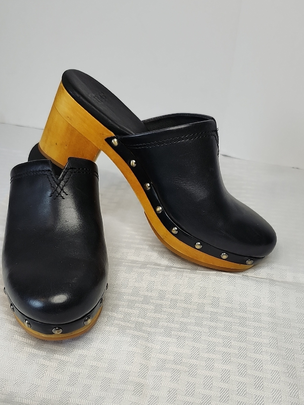UGG Leather Black Wood Heel Clogs